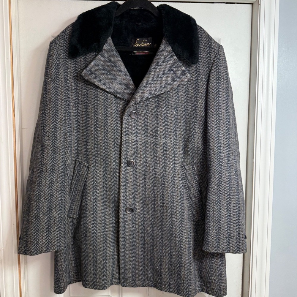 Vtg Sears Sportswear Herringbone Tweed Car Coat‎ Wool? Sherpa Lined Mens 42 Reg